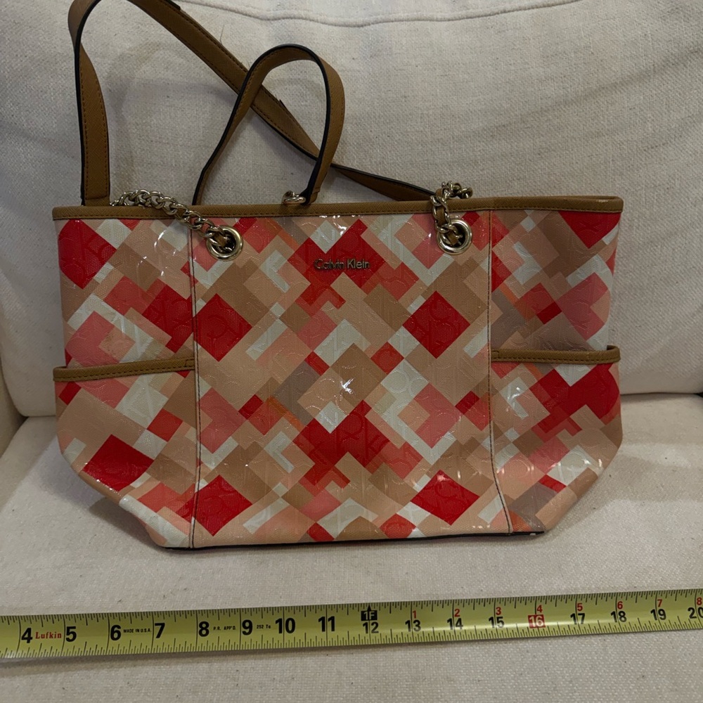 Calvin Klein Red, Tan & Cream Geometric Patent Tote